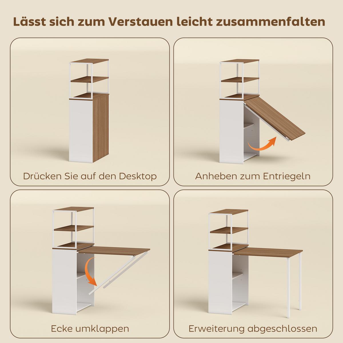 SCHREIBTISCH klappbar mit Regal Naturholz 105 x 60 x 127 cm - Naturfarben/Weiß, Holzwerkstoff/Metall (105/60/127cm) - HOMCOM