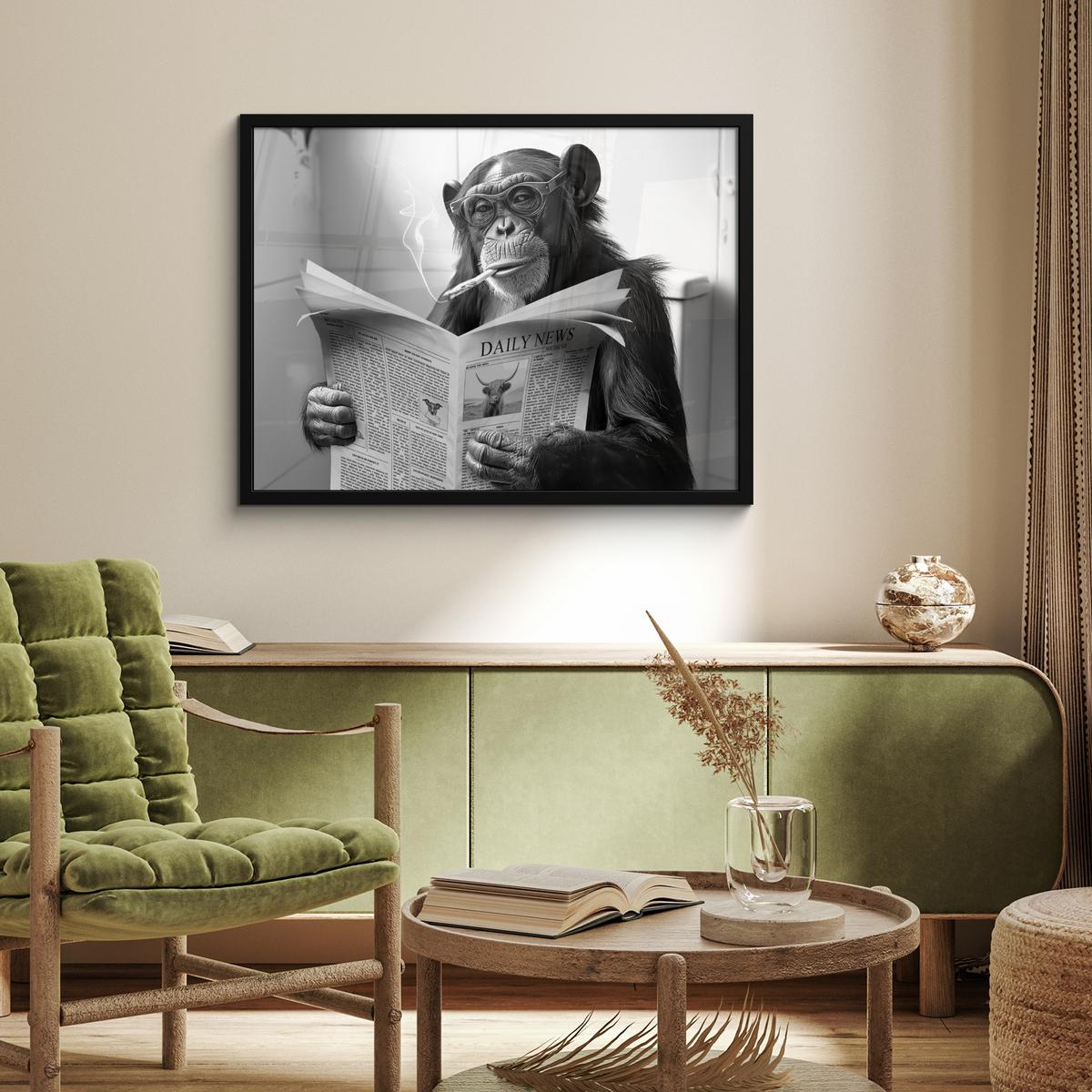 POSTER MIT RAHMENGERAHMTES BILD Affe - WC - Zeitung - Schwarz-Weiß - Humor 80x60 cm - Hellgrau, Papier (80/60cm) - MuchoWow