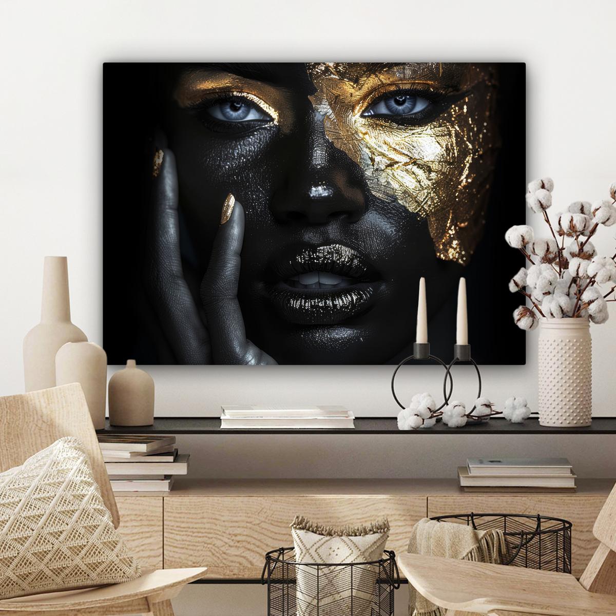 LEINWANDBILD Frau - Gold - Porträt - Schwarz-Weiß - Luxus Wandbilder 80x60 cm - Hellblau, Textil (80/60cm) - MuchoWow