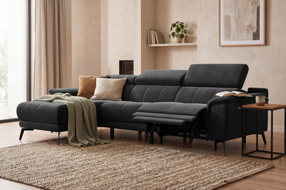 ECKSOFA FIERO 4-Sitzer LINKS, Schwarzer Veloursstoff - Schwarz, Holz/Textil (288/170cm) - Courtois Laville