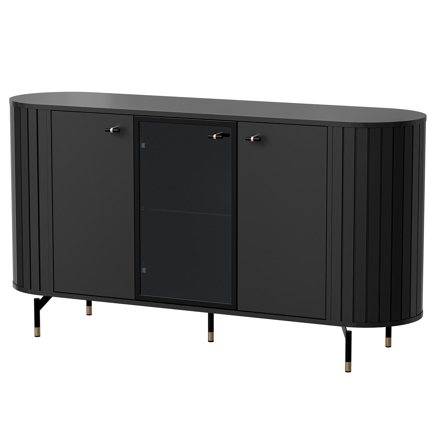 KOMMODE Zalia mit 3 Türen, Glastür und Stauraum, 150 cm, im Retro-Stil, Schwarz - Schwarz, Holzwerkstoff (150/81/40cm) - Beautysofa