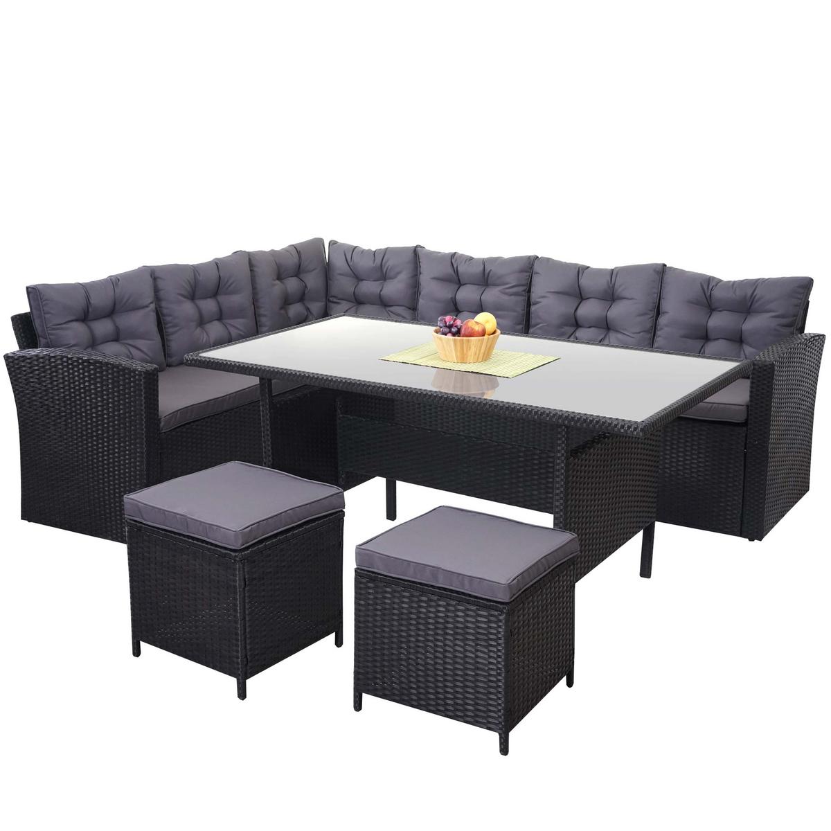 POLY-RATTAN-GARNITUR + HOCKER Schwarz 4er-Set - Schwarz, Kunststoff - MCW