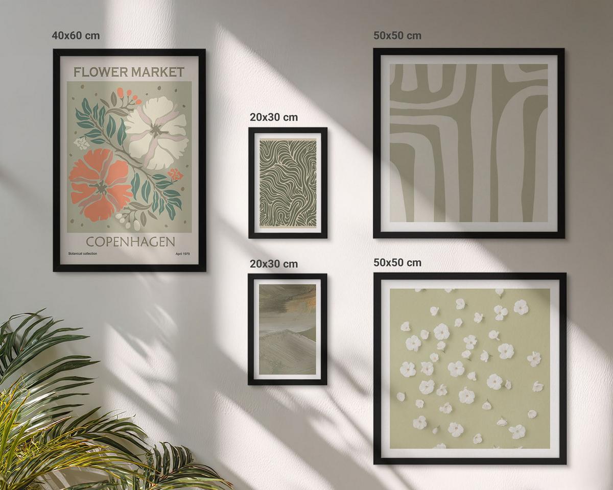 BILDER SET 5er Set - 50x50 cm & 20x30 cm & 40x60 cm Schwarzer Rahmen - Abstrakte Boho-Muster - Schwarz, Kunststoff (40/60cm) - TULUP