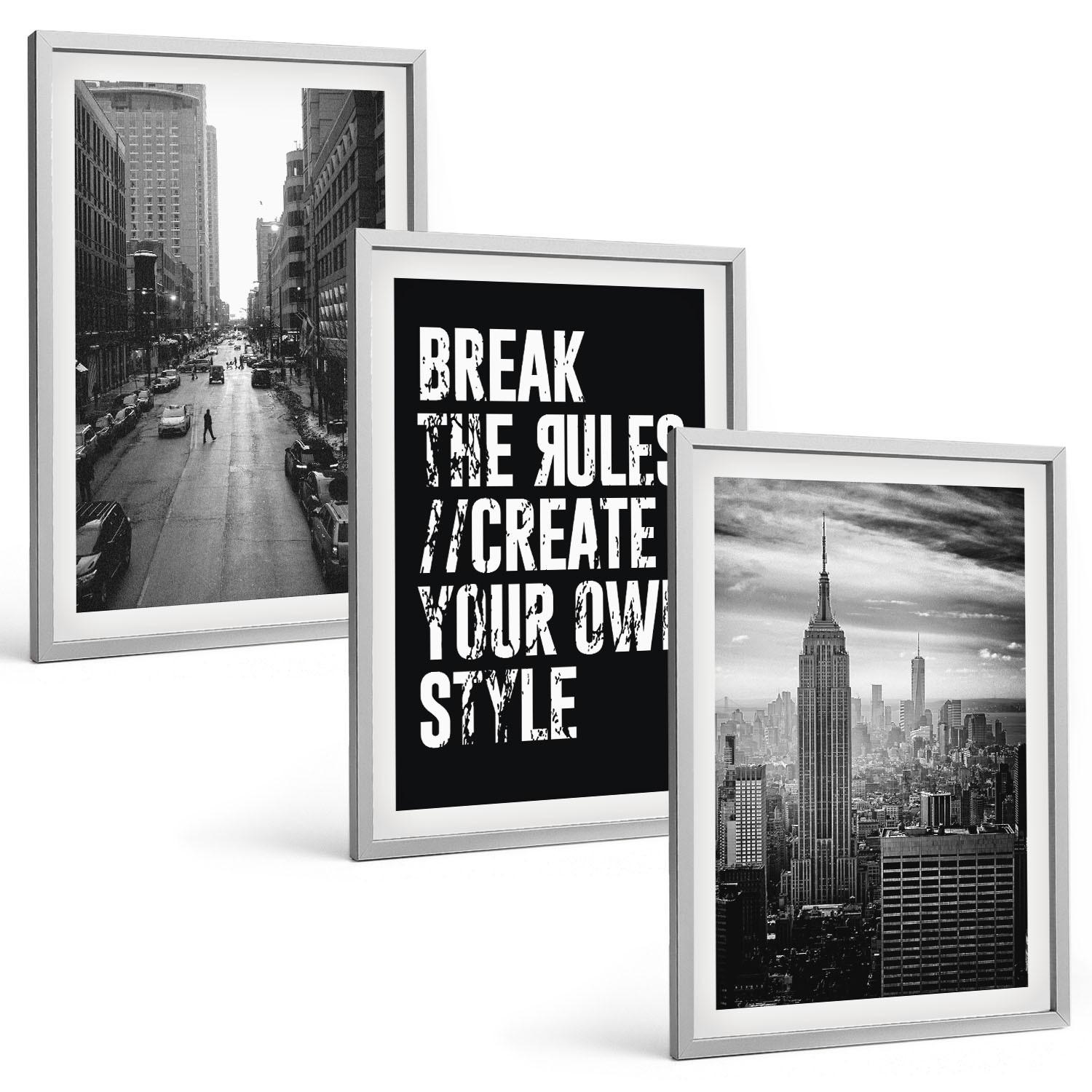 BILDER SET 3er Set - 40x60 cm Silberner Rahmen - Inspiration für Schwarz-Weiß-Darstellungen von Stadtstraßen - Silberfarben, Kunststoff (40/60cm) - TULUP