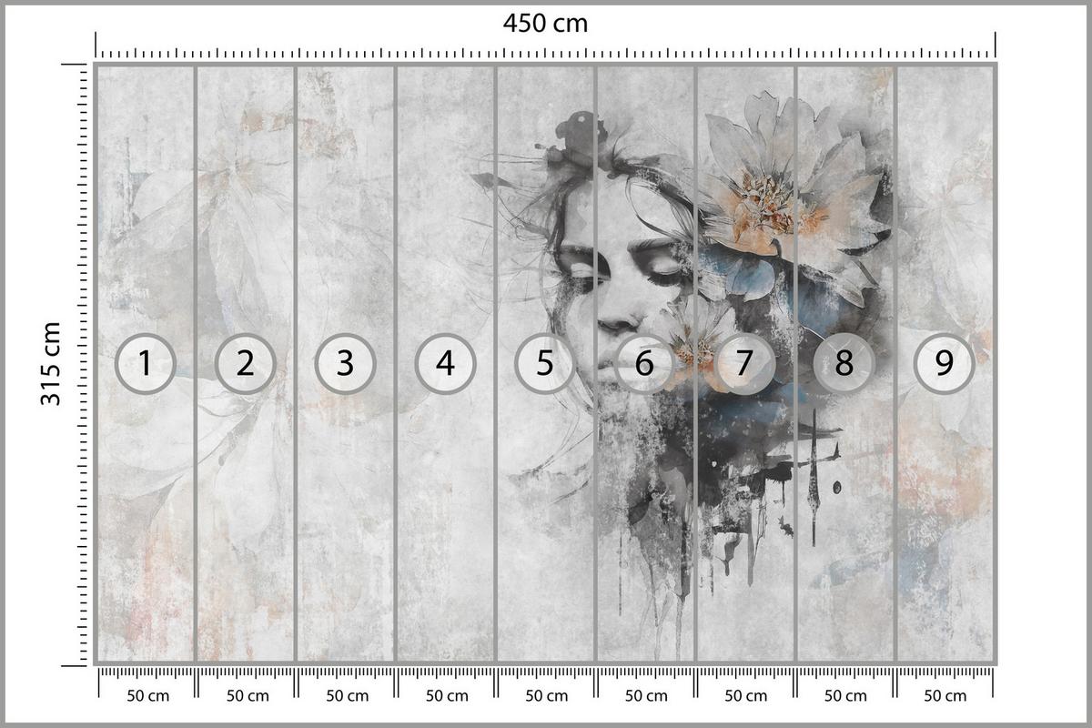 FOTOTAPETE für Wohnzimmer Gesicht Frau Grau Betonwand Blumen 450x315 - Grau, Papier (450/315cm) - Muralo