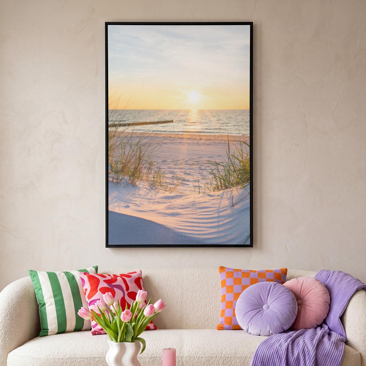 LEINWAND Bilder mit Rahmen - Strand - Sonne - Düne - Gras - Sand - Horizont - 90x140 - Hellblau, Textil (90/140cm) - MuchoWow