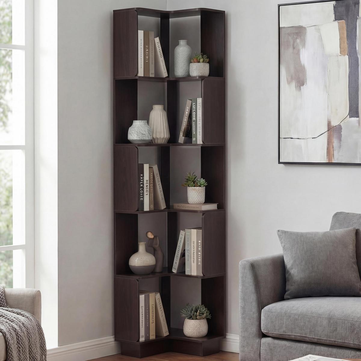 ECK-BÜCHERREGAL Walnuss Dekor - Walnussfarben, Holz (40/175/40cm) - MCW