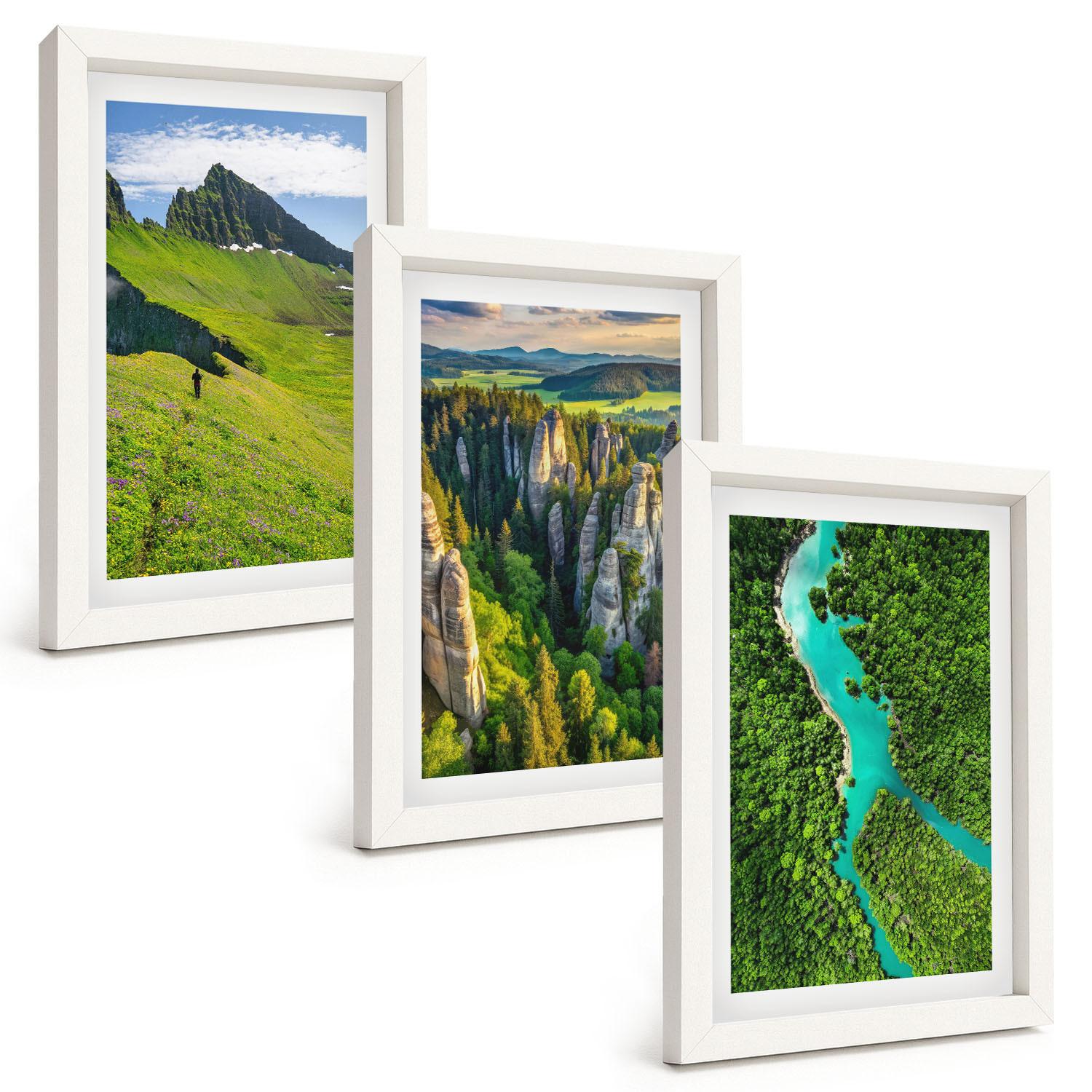 BILDER SET 3er Set - 20x30 cm Weißer Rahmen - Grüne Berge, Flussfelsen - Weiß, Kunststoff (20/30cm) - TULUP