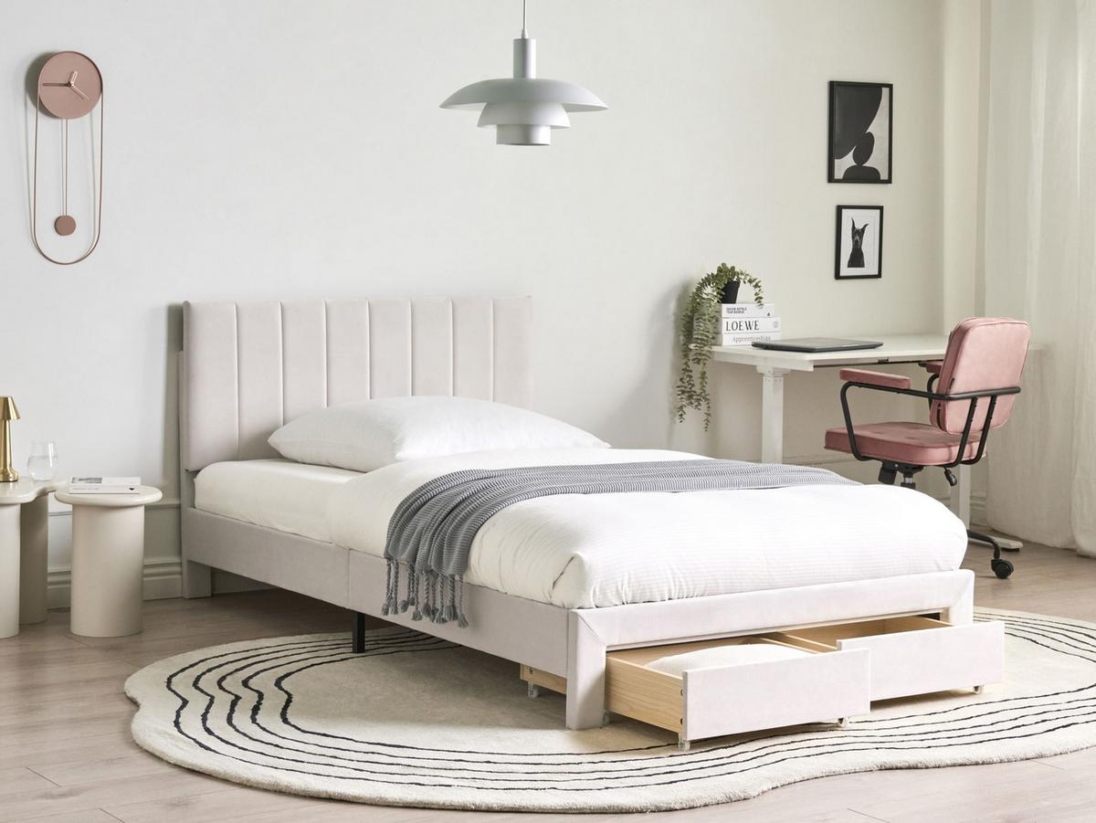 BETT mit Schubladen 120/200 cm Samtstoff Cremeweiß Lonzac - Creme, Textil (120/200cm) - Beliani