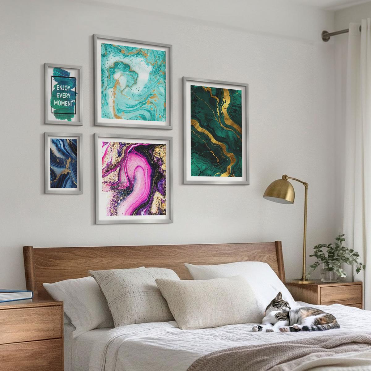 BILDER SET 5er Set - 50x50 cm & 20x30 cm & 40x60 cm Silberner Rahmen - Abstrakte Muster in Rosa, Grün und Blau - Silberfarben, Kunststoff (40/60cm) - TULUP
