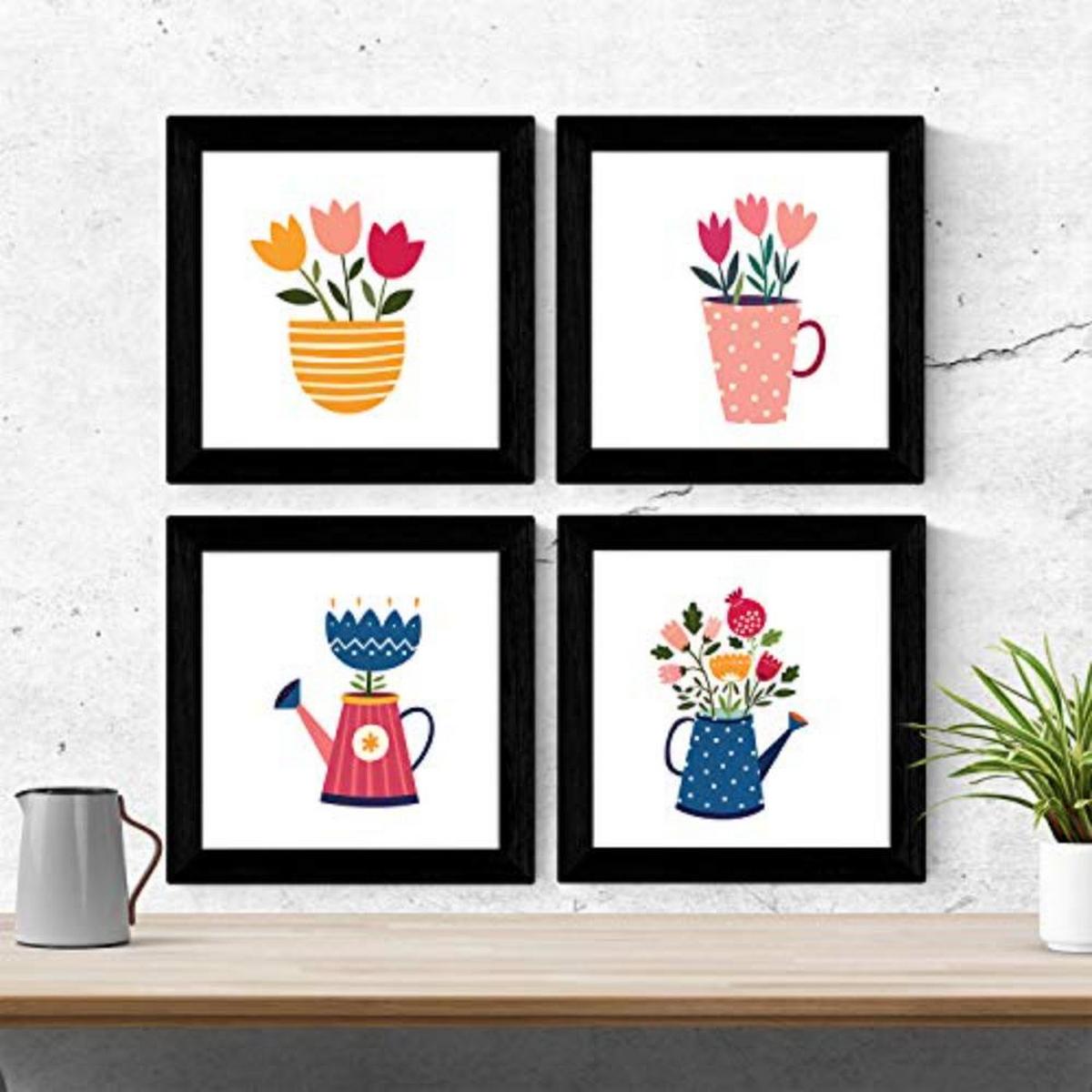 POSTER Set mit 4 blinkenden Blumensträuße 25x25 cm Schwarzer Rahmen - Schwarz, Papier (25/3cm) - Nacnic