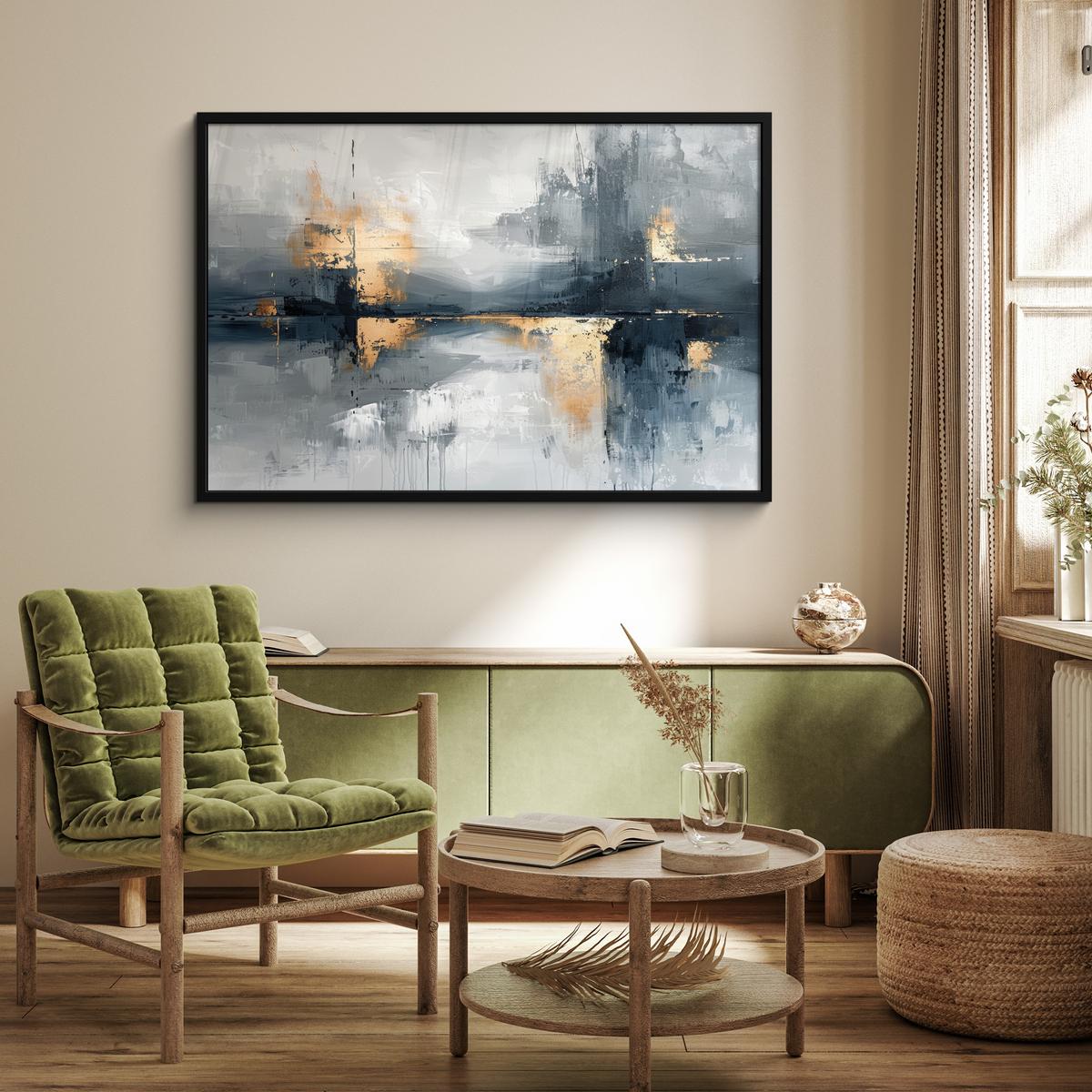 POSTER MIT RAHMENGERAHMTES BILD Kunst - Grau - Gold - Abstrakt 120x80 cm - Dunkelgrau, Papier (120/80cm) - MuchoWow