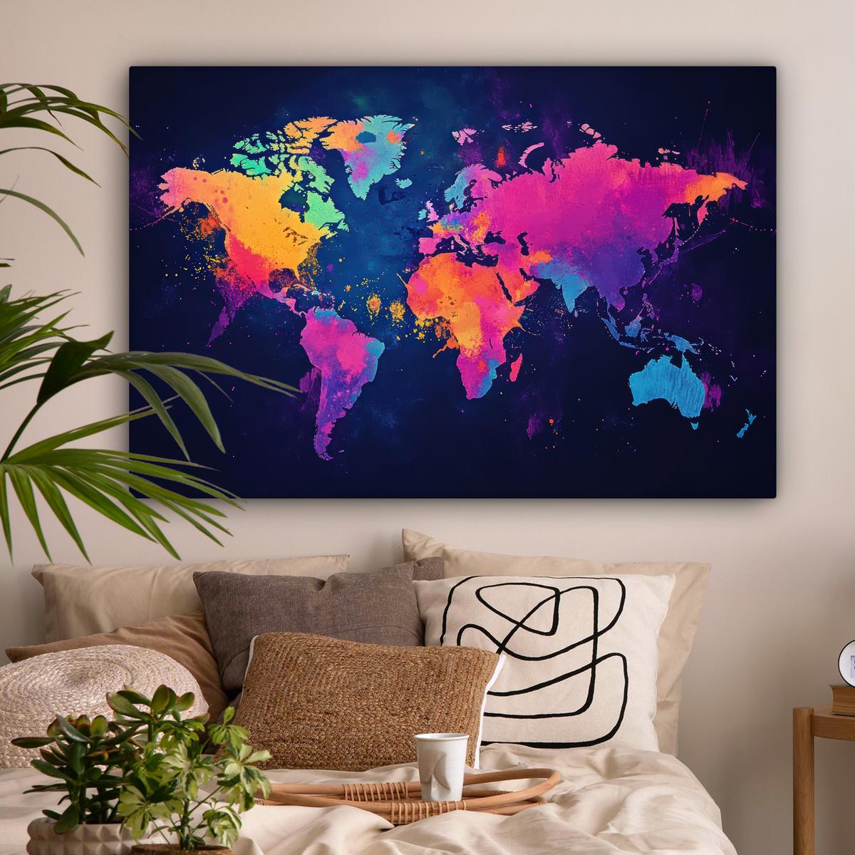 LEINWANDBILD Weltkarte - Bunt - Graffiti Groß 140x90 cm - Multicolor, Textil (140/90cm) - MuchoWow