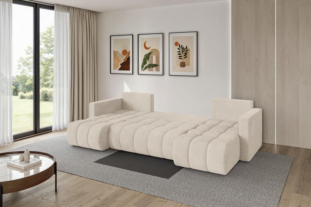 WOHNLANDSCHAFT mit Schlaffunktion und Bettkasten GARD-U 300x146x85 Beige Cord - Beige/Schwarz, Holzwerkstoff/Kunststoff (300/85/146cm) - ALTDECOR