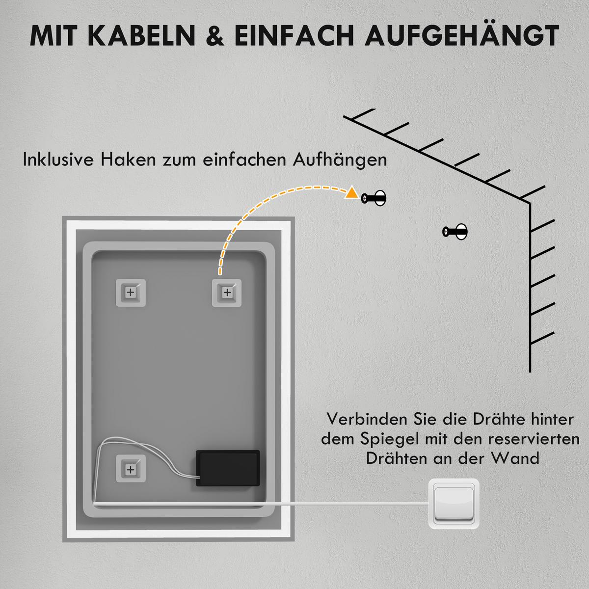 BADSPIEGEL, mit LED-Leuchte, 70 x 50 cm, beschlagfrei, mit Touchschalter, IP44 - Silberfarben, Glas (70/4/50cm) - HOMCOM