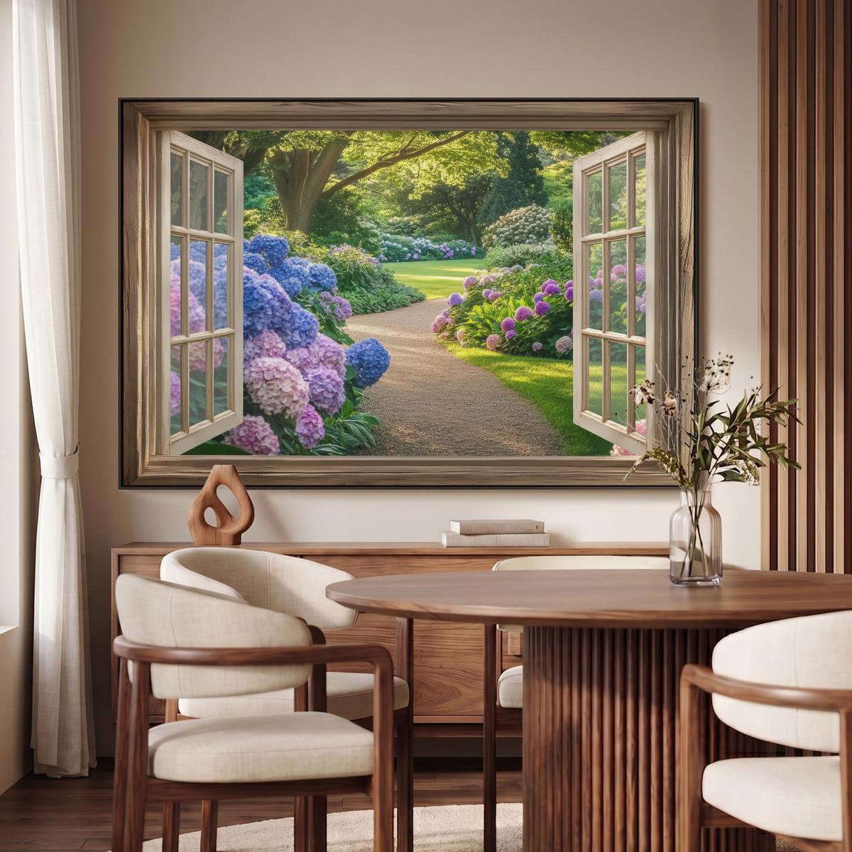 LEINWAND Bilder mit Rahmen - Aussicht - Garten - Fenster - Hortensie - Blumen - 120x80 - Pastellblau, Textil (120/80cm) - MuchoWow