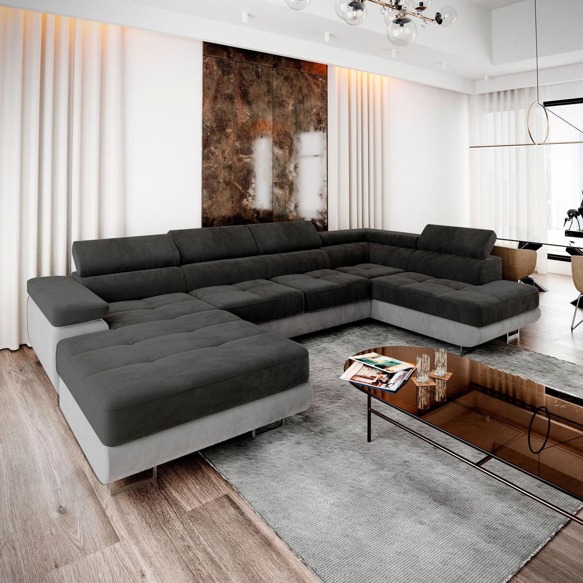 WOHNLANDSCHAFT CASONE R-S Schwarz Velours-Stoff mit Schlaffunktion - Silberfarben/Schwarz, Holz/Textil (345/90/202cm) - MASSENO