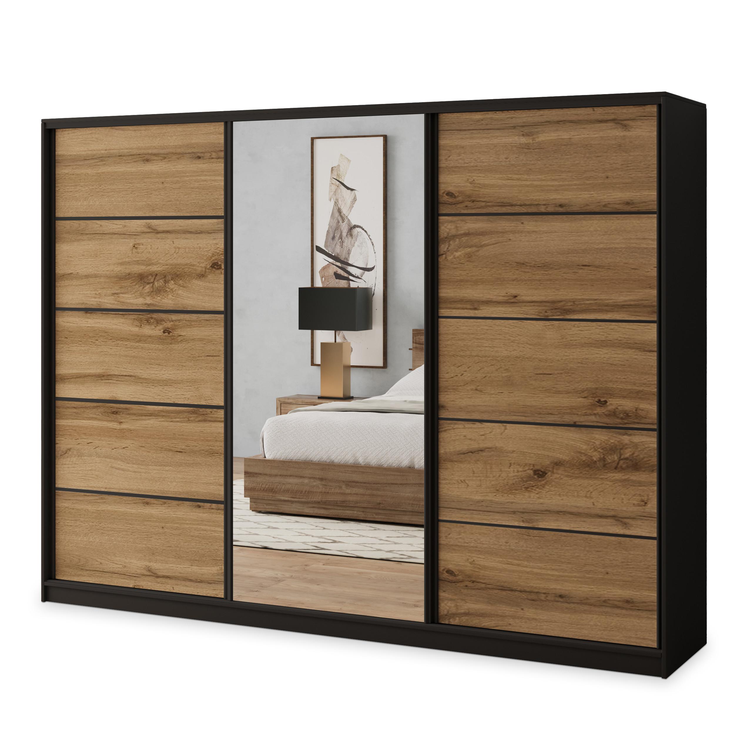 SCHWEBETÜRENSCHRANK NATA 235/205/58 cm 3-türig mit Spiegel und Schubladen Schwarz / Eiche Wotan - Eiche Wotan/Schwarz, Holzwerkstoff (235/205/58cm) - MASSENO