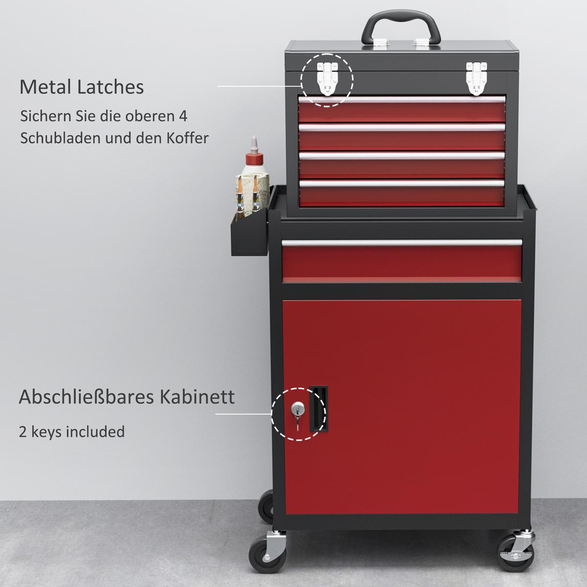 WERKSTATTWAGEN mit Rollen, mit 5 Schubladen, Max. Belastung 130kg, Schwarz+Rot - Rot, Metall (28/102/60cm) - HOMCOM