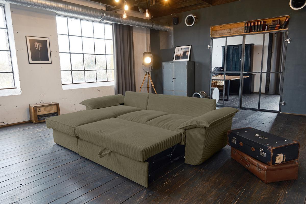 ECKSOFA DAMETO Grün Cord Mit Schlaffunktion - Schwarz/Olivgrün, Kunststoff/Textil (266/174cm) - KAWOLA