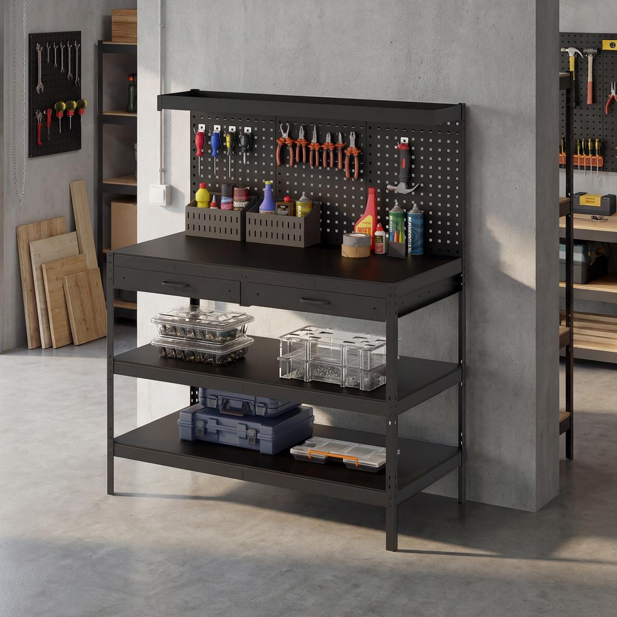 WERKBANK Stahl MDF Schwarz - Schwarz, Metall (61/156/122cm) - HOMCOM