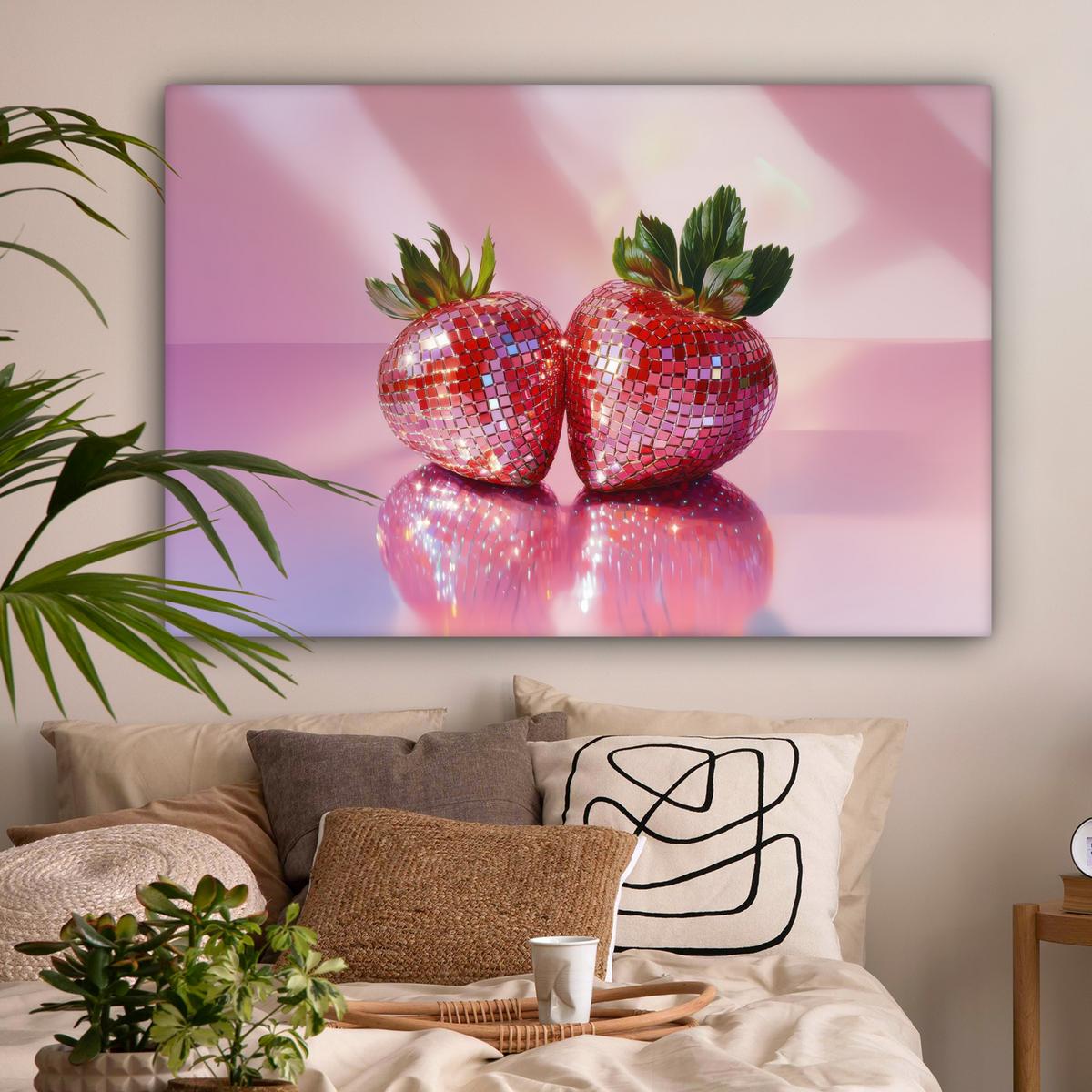 LEINWANDBILD Disco - Obst - Glitzer - Erdbeere XXL 150x100 cm - Pink, Textil (150/100cm) - MuchoWow