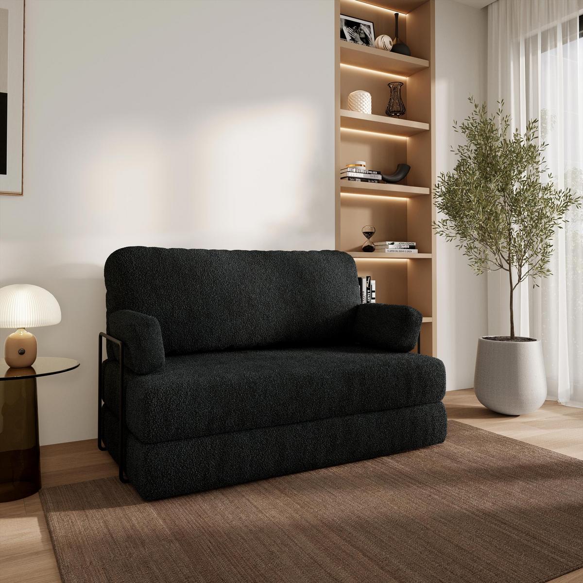 BETTSOFA KESTE aus Schaumstoff Bucle-Stoff Schwarz Schlaffunktion - Schwarz, Textil (140/86/60cm) - MASSENO