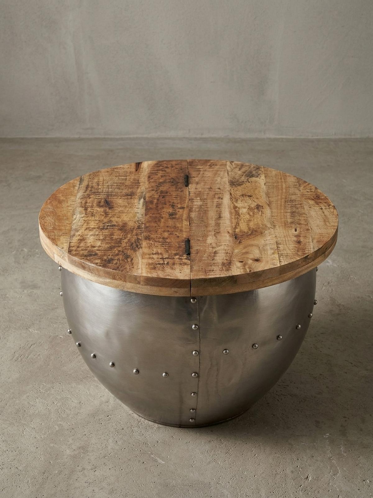 COUCHTISCH Rund in Braun, Massivholz und Metall, Industrial-Stil mit Stauraum - Silberfarben, Holz/Metall (60/60/43cm) - KADIMA DESIGN
