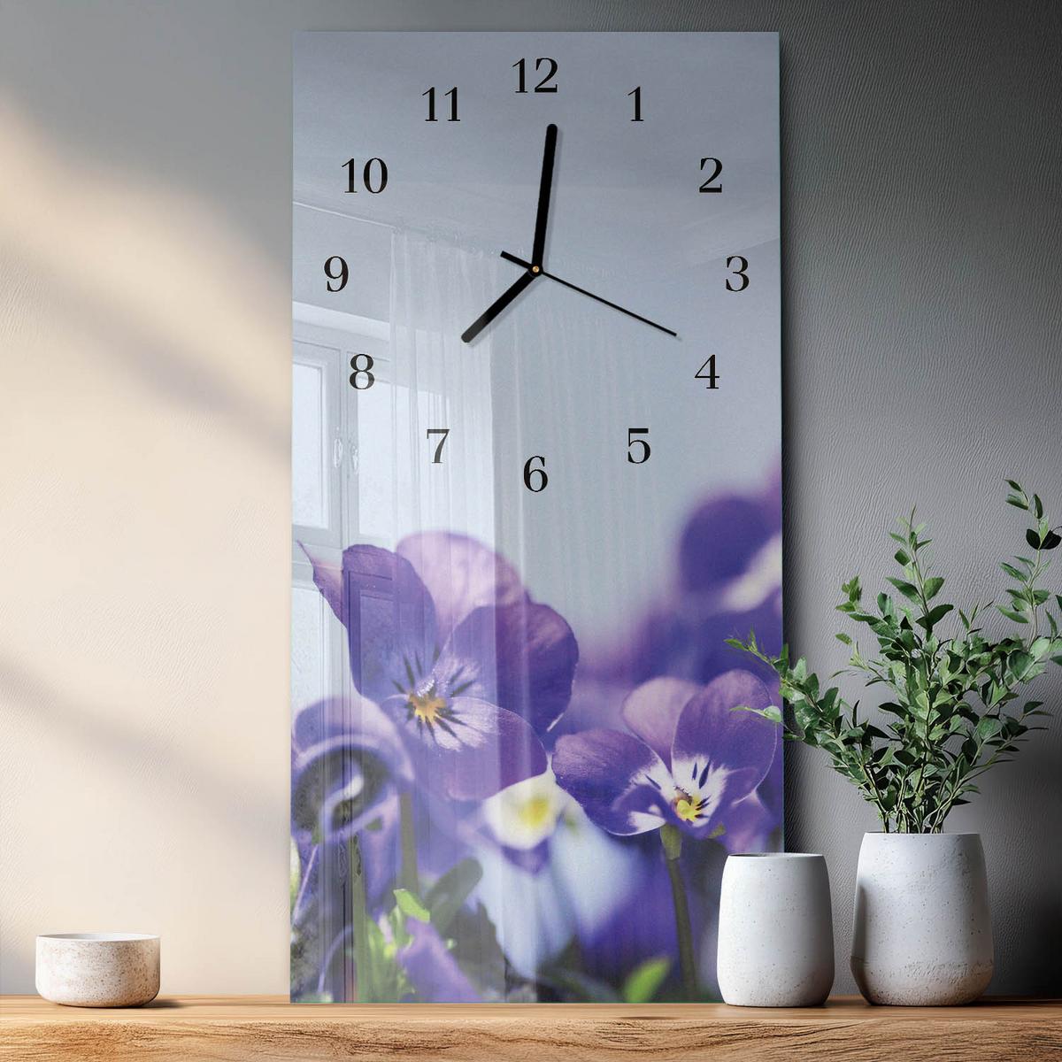 WANDUHR aus Glas 30x60 cm - Blumen - Lila, Glas (30/60/0.4cm) - TULUP
