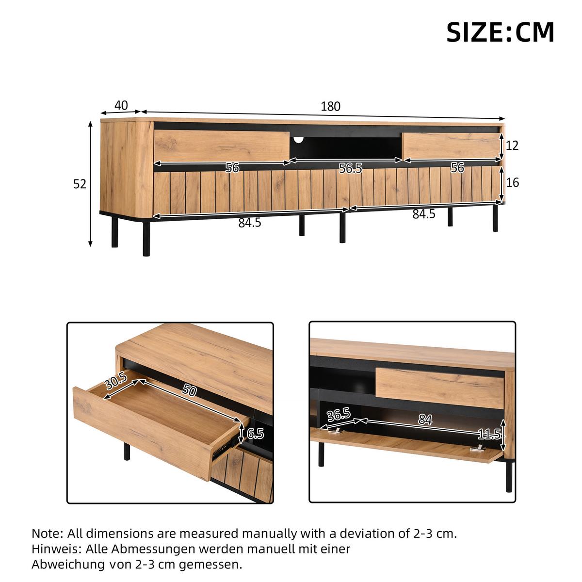TV-LOWBOARD 180cm Naturholz & Schwarz mit 2 Schubladen & 2 Klapptüren - Schwarz/Naturfarben, Holzwerkstoff (180/52/40cm) - Urban Meuble