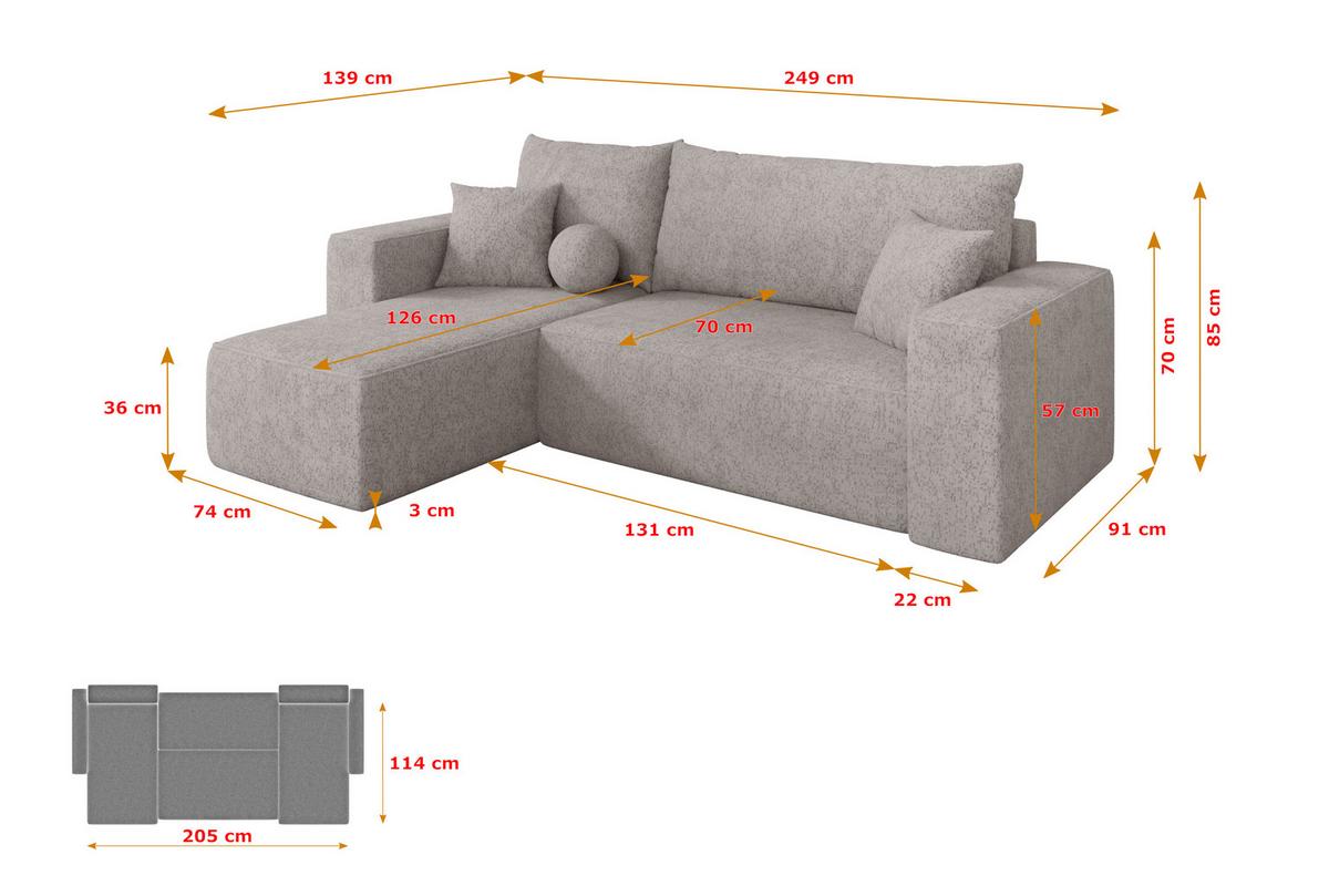 ECKSOFA mit Schlaffunktion Ottomane Links SENO-L 249x139x85 Hellgrau Velours - Hellgrau/Schwarz, Holzwerkstoff/Kunststoff (249/139cm) - ALTDECOR