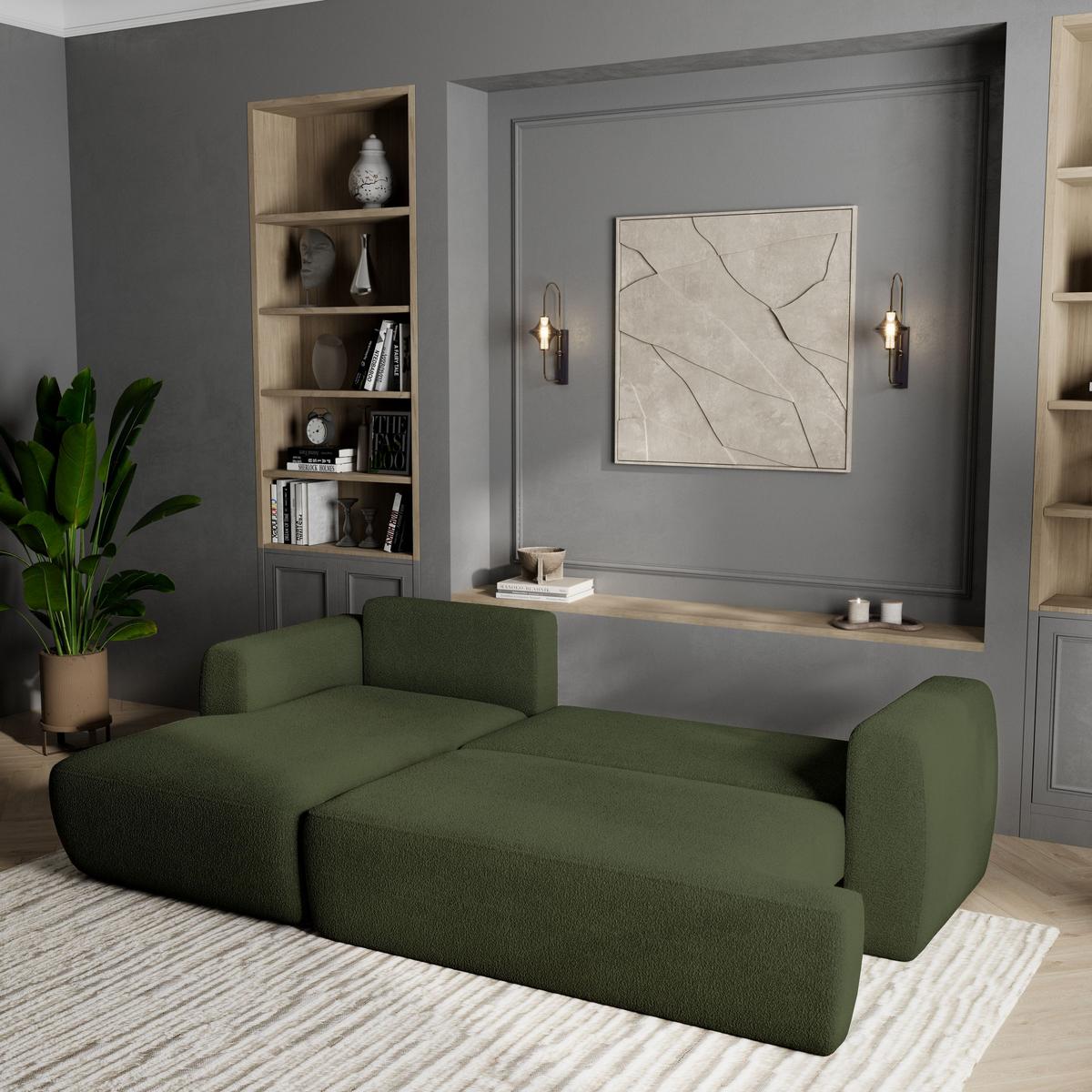 ECKSOFA SENTI N L-S Grün Boucle-Stoff mit Schlaffunktion - Schwarz/Grün, Holz/Kunststoff (246/148cm) - MASSENO