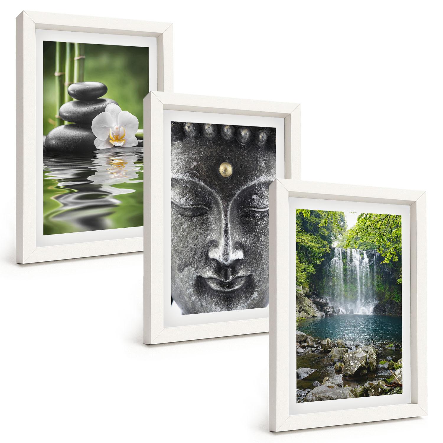 BILDER SET 3er Set - 20x30 cm Weißer Rahmen - Harmoniesteine Wasser Buddha - Weiß, Kunststoff (20/30cm) - TULUP