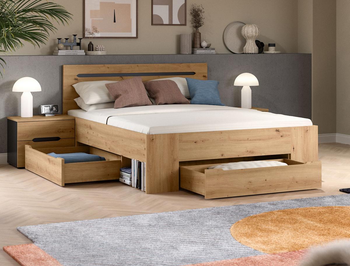 BETT Eiche, grau Liegefläche 140 x 200 cm, Stauraumbett mit 3x Bettschubkasten - Eiche Artisan/Grau, Holzwerkstoff/Metall - Inn.Furn