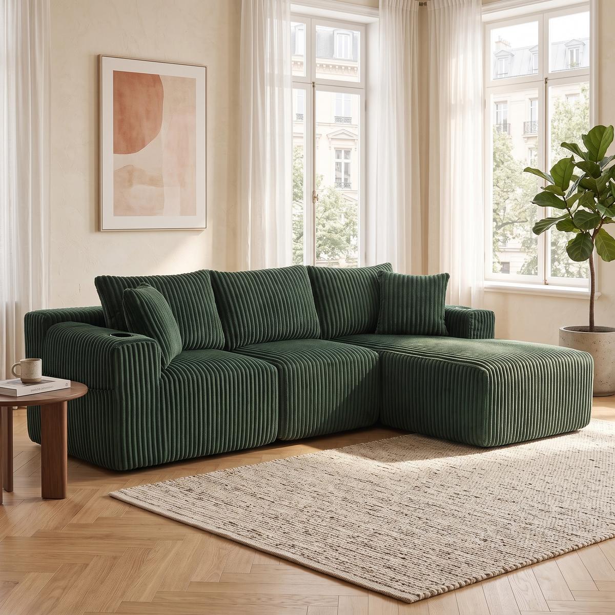 ECKSOFA mit Chaiselongue Cord - Smaragdgrün, Textil (257/160cm) - Urban Meuble