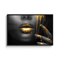 POSTER MIT RAHMENGERAHMTES BILD Frau - Schwarz - Gold - Gesicht - Lippen 120x80 cm - Goldfarben, Papier (120/80cm) - MuchoWow