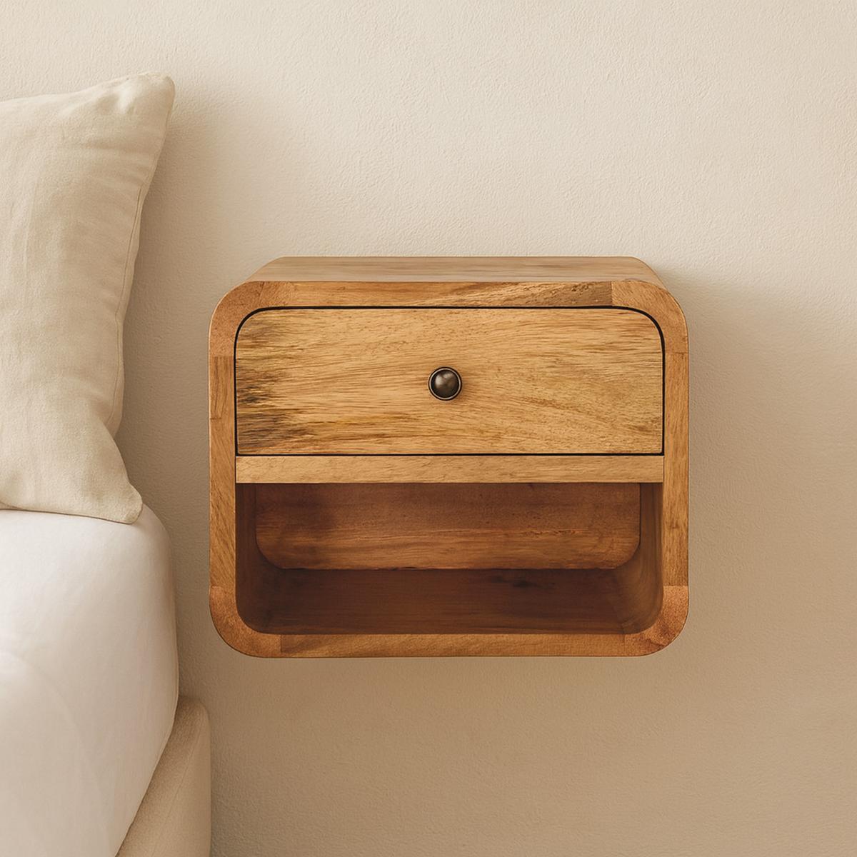 NACHTTISCH und Wandhalterungsfunktion, 1 Schublade, 1 Offenes Fach, Beige - Messingfarben/Braun, Holz/Metall (30/25/25cm) - Artisan Furniture