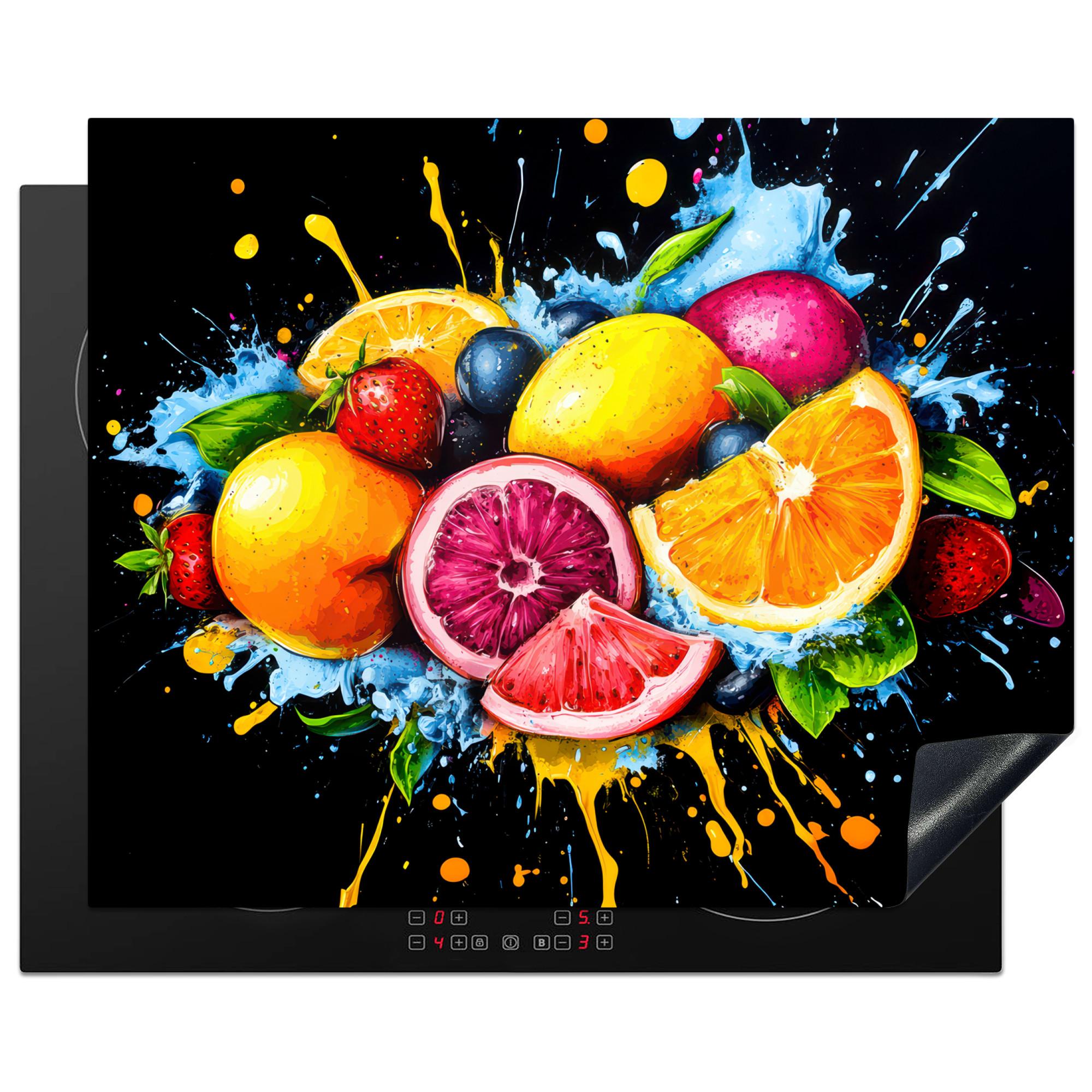 HERDABDECKPLATTE Obst - Graffiti - Bunt - Orange - Erdbeere - Abstrakt Herdabdeckung Induktionsfeld 65x52 cm - Orange, Kunststoff (65/52/0.2cm) - MuchoWow