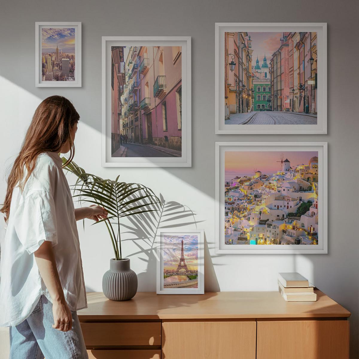 BILDER SET 5er Set - 50x50 cm & 20x30 cm & 40x60 cm Weißer Rahmen - New York Paris Oia Warschau Dämmerung - Weiß, Kunststoff (40/60cm) - TULUP