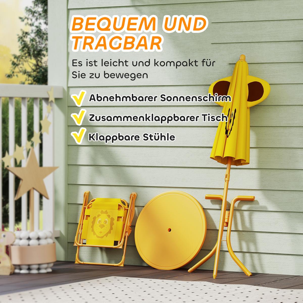 4 tlg. Kindersitzgruppe Garten Kindersitzgarnitur mit Sonnenschirm Klappstühle - Gelb, Metall - AIYAPLAY