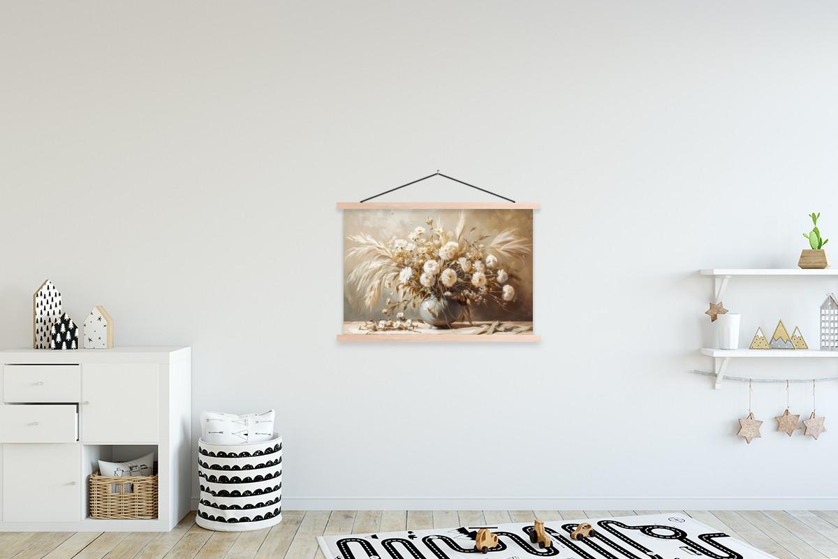 POSTER MIT MAGNETLEISTEN Blumen - Vase - Stilleben - Beige Wanddeko 90x60 cm - Creme, Textil (90/60/0.15cm) - MuchoWow
