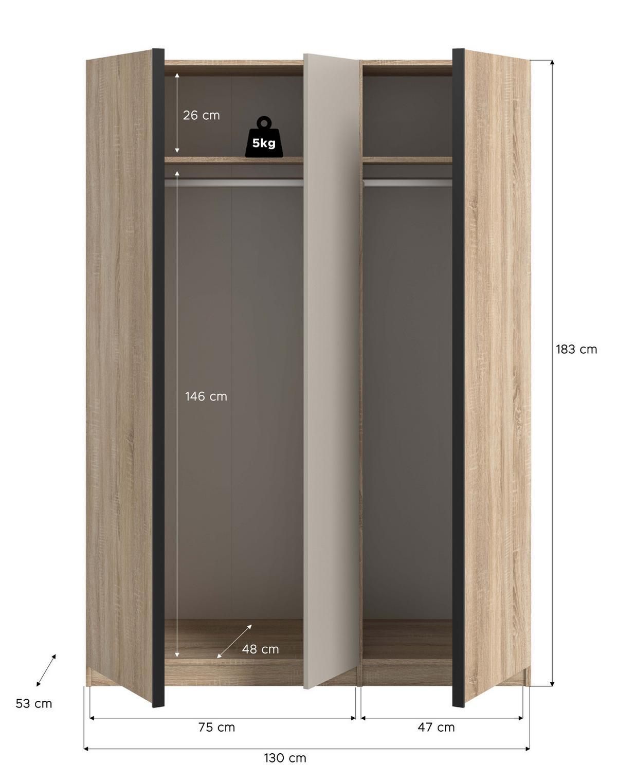 KLEIDERSCHRANK Eiche Sonoma, Kaschmir 3-türig 130 x 183 cm, Drehtürenschrank inklusive Einlegeböden - Kaschmir/Eichefarben, Holzwerkstoff/Kunststoff (130/183/53cm) - Inn.Furn
