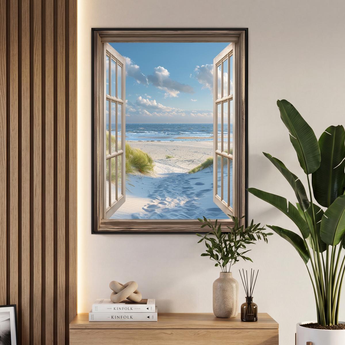 LEINWAND Bilder mit Rahmen - Aussicht - Strand - Fenster - Dünen - Meer - 70x100 - Hellblau, Textil (70/100cm) - MuchoWow