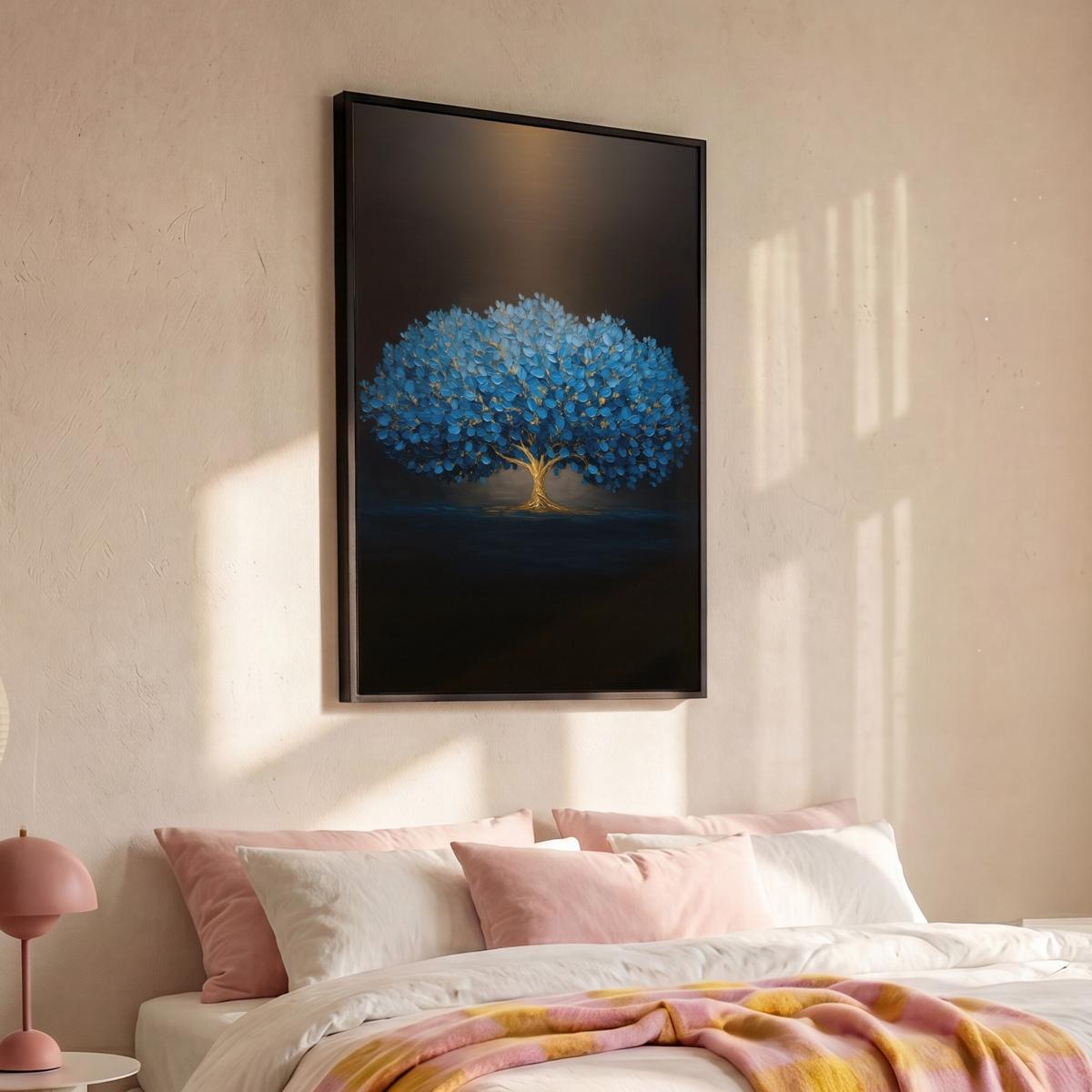 LEINWAND Bilder mit Rahmen - Baum - Blau - Blätter - Pinselstriche - 90x140 - Blau, Textil (90/140cm) - MuchoWow
