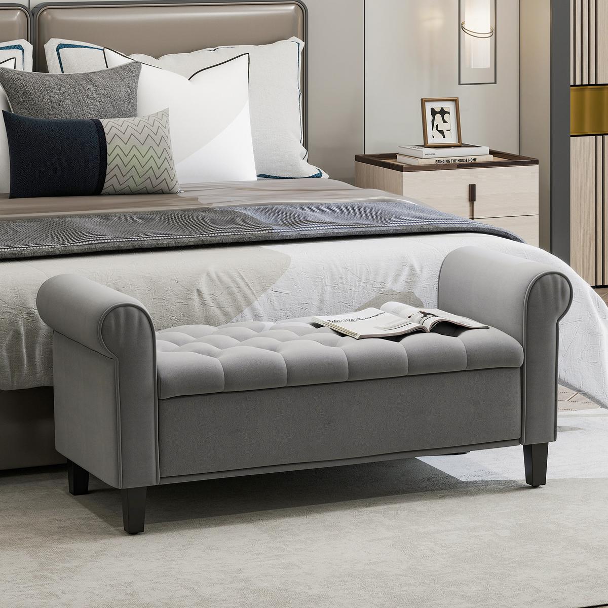 TRUHENBANK Samtoptik, Grau - Grau, Kunststoff (48.5/57/126cm) - HOMCOM