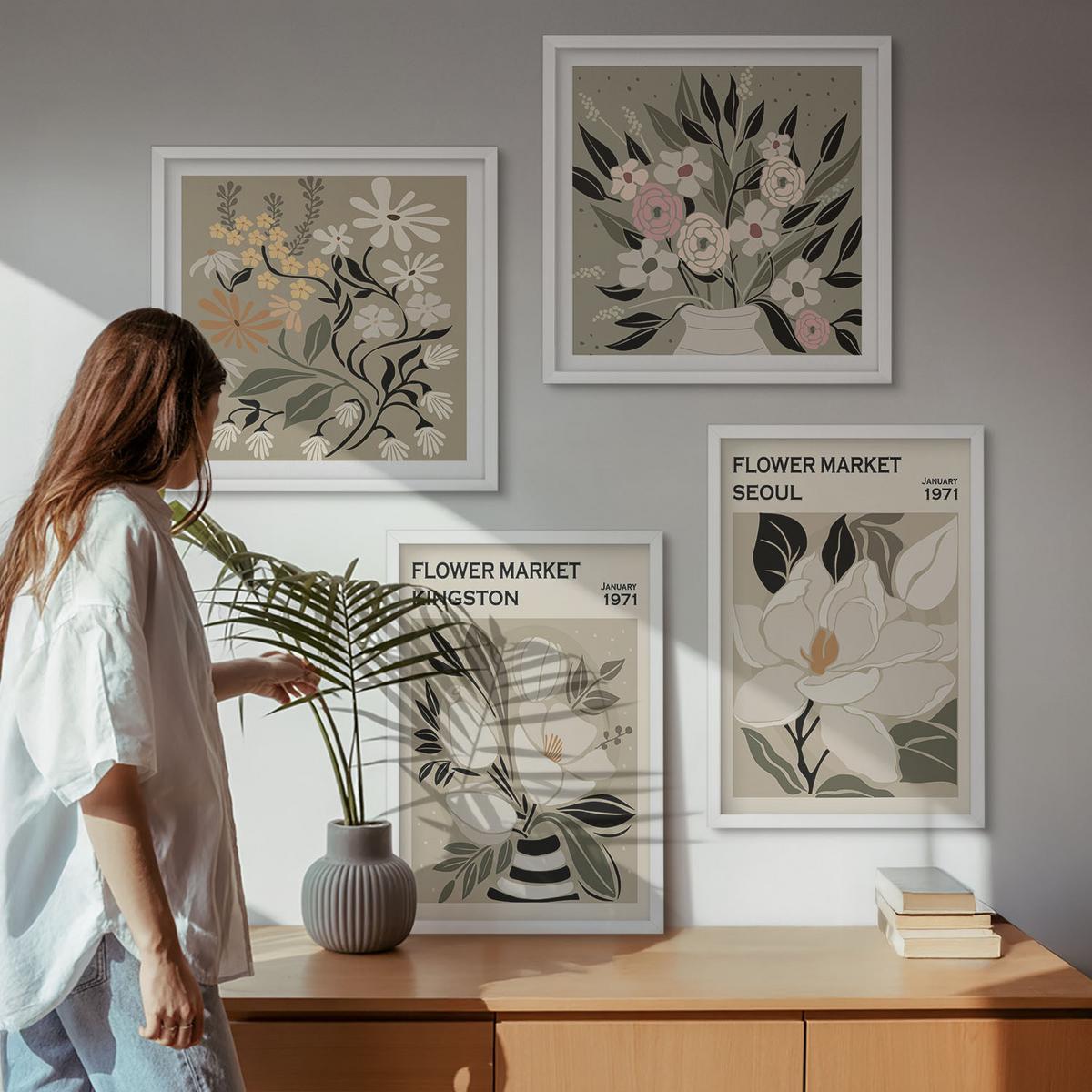 BILDER SET 4er Set - 50x50 cm & 40x60 cm Weißer Rahmen - Retro-Blumen aus Städten rund um die Welt - Weiß, Kunststoff (50/50cm) - TULUP