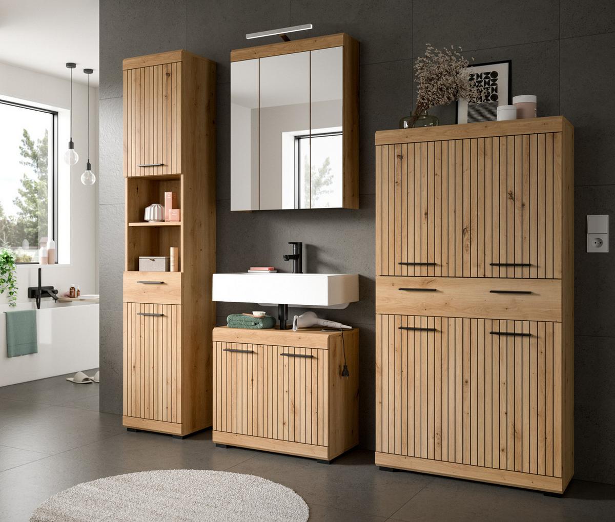 MIDISCHRANK Eiche Artisan 74 x 143 cm, Badschrank mit viel Stauraum - Schwarz/Eiche Artisan, Holzwerkstoff/Kunststoff (74/143/31cm) - Inn.Furn