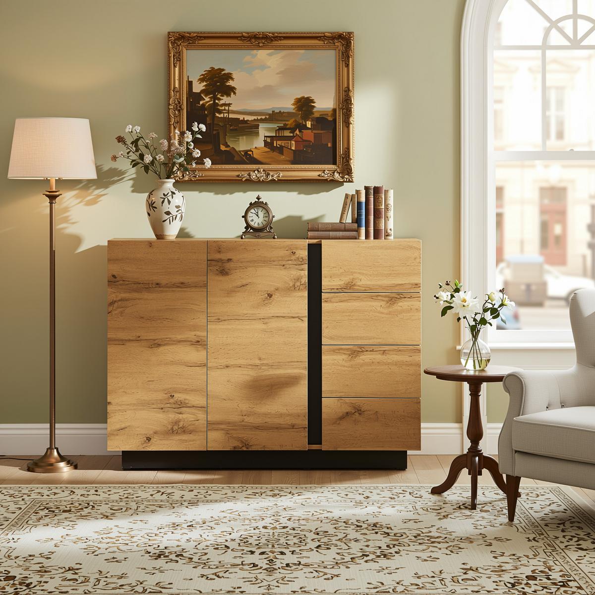 SIDEBOARD 120 cm Naturholz & Schwarz mit 4 Schubladen & 2 Türen im modernen Stil - Naturfarben, Holzwerkstoff (120/90.5/35.5cm) - Urban Meuble