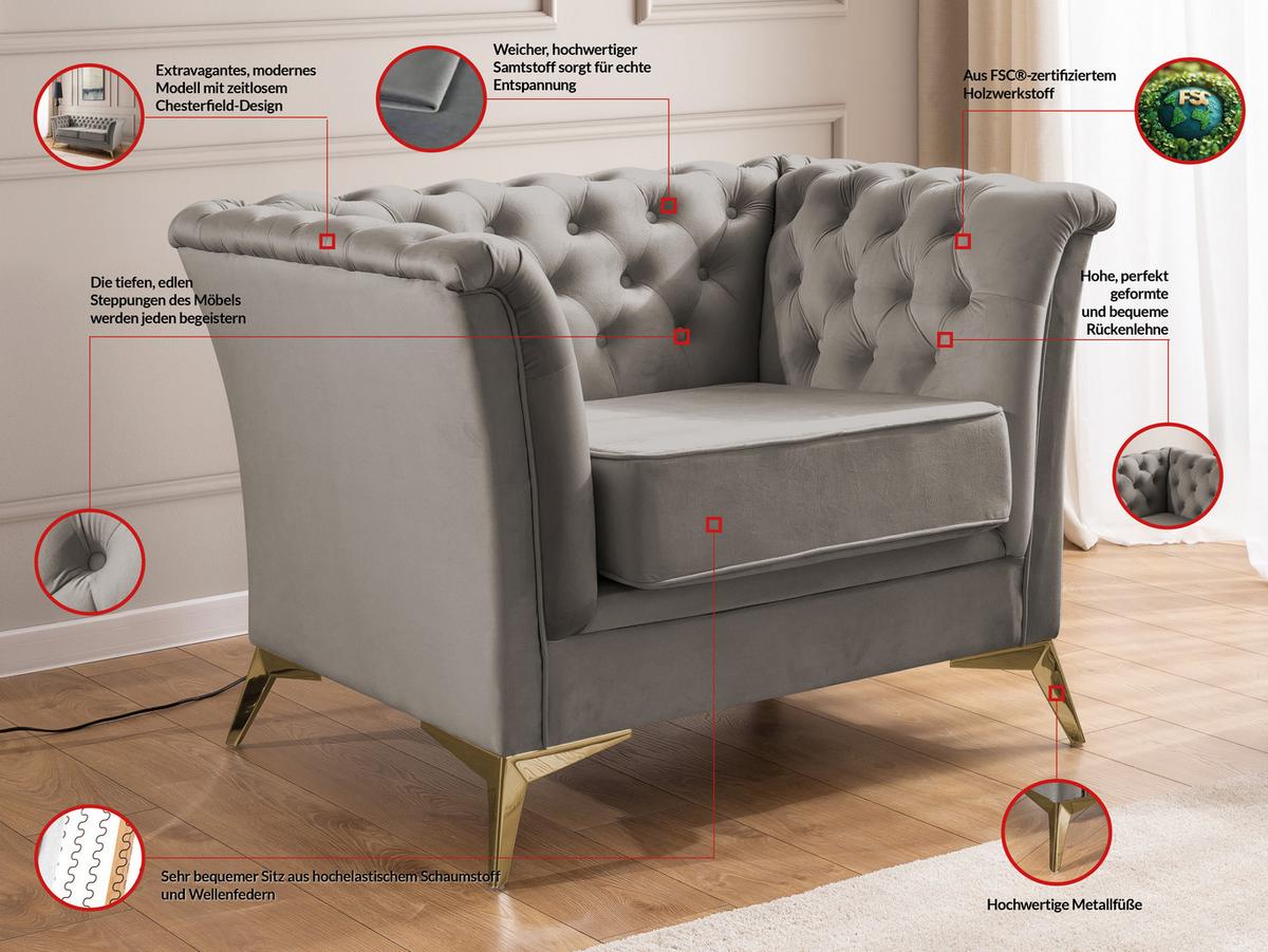 CHESTERFIELD-SESSEL Whitby Grau Samt mit goldenen Füßen - Goldfarben/Grau, Holz/Textil (116/78/82cm) - S-Style Möbel