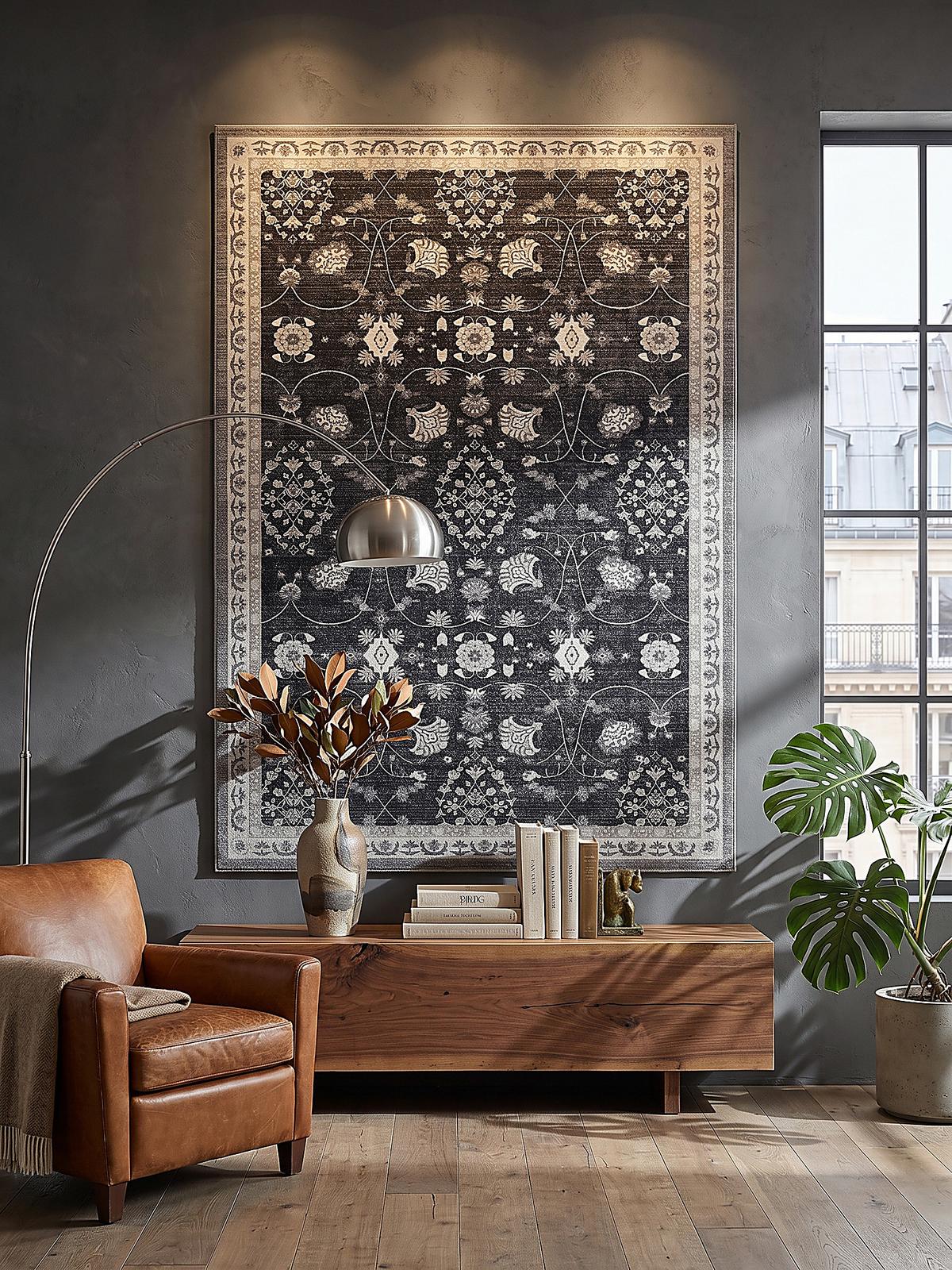 TEPPICH Kurzflor, waschbar, mit floralen Ornamenten, VERNANTE in Schwarz-Creme-Grau, 120 x 170 cm - Schwarz, Textil (120/170cm) - KADIMA DESIGN